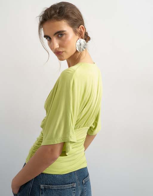 Topshop v-neck tie detail top in lime, 3 of 4