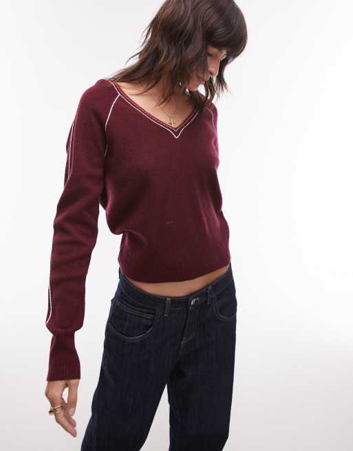 Topshop v neck tipping sweater in burgundy