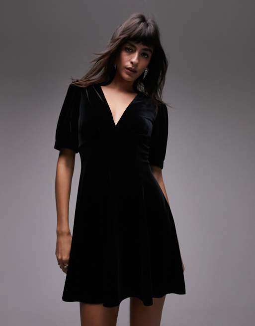 Topshop v neck velvet mini tea dress in black