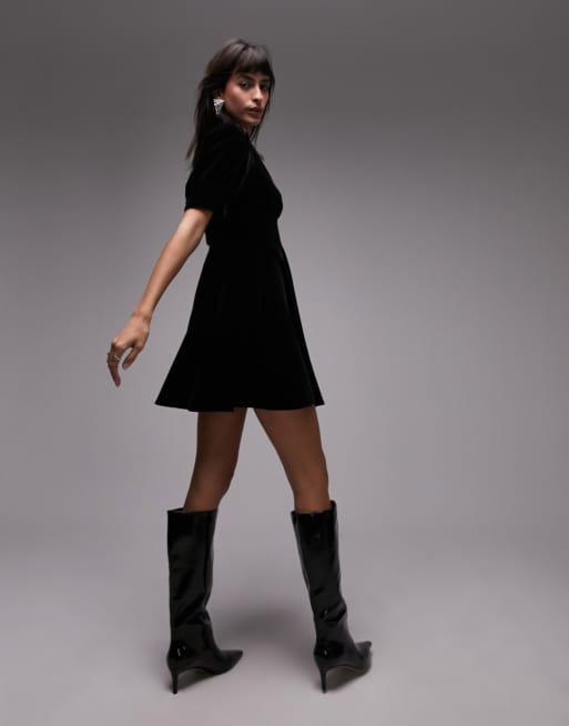 Topshop v neck velvet mini tea dress in black