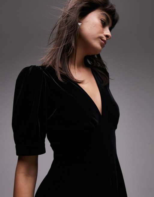 Topshop v neck velvet mini tea dress in black