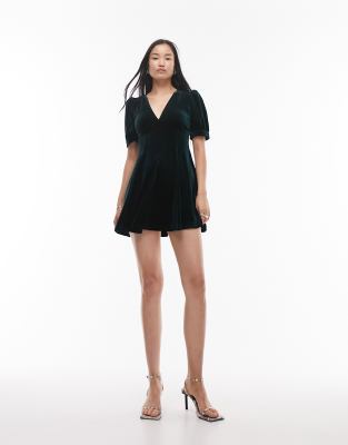 Topshop v neck velvet mini tea dress in green