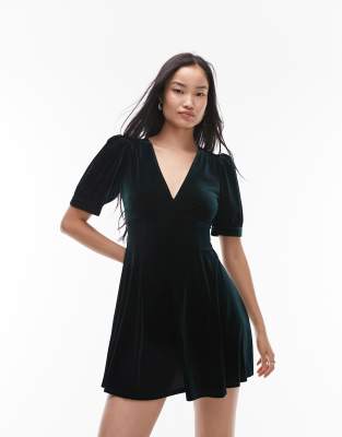 Topshop v neck velvet mini tea dress in green | ASOS