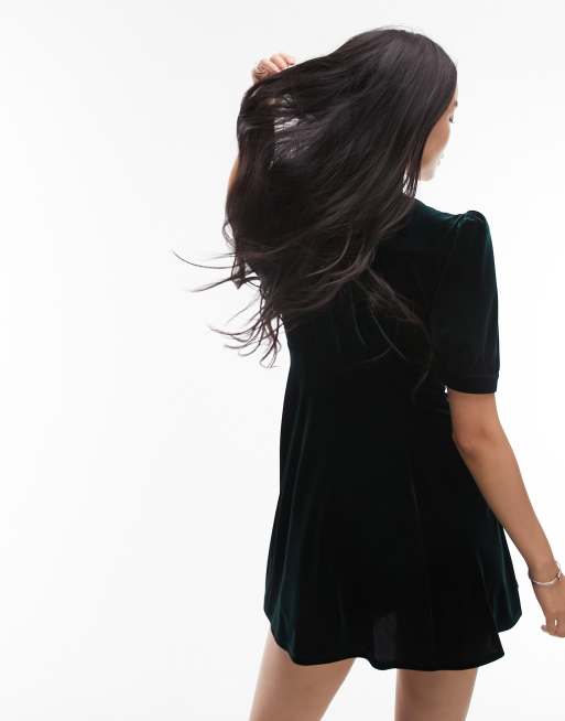Topshop V-neck velvet mini tea dress in green | ASOS