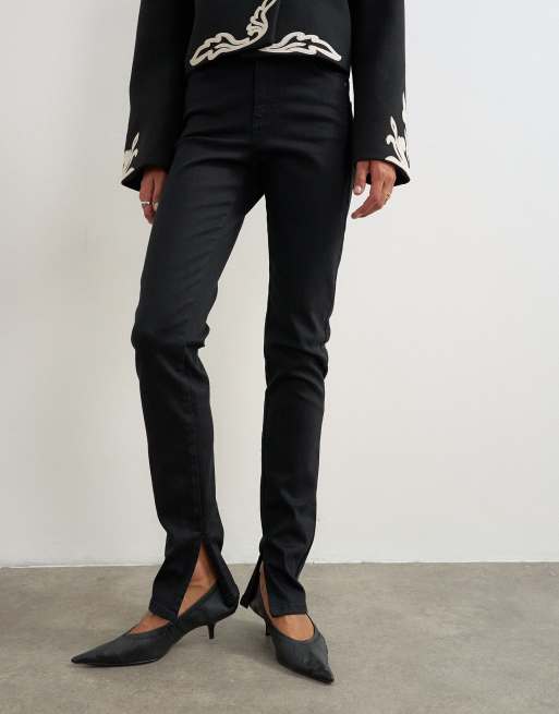 Topshop vaqueros pitillo con abertura lateral en negro liso, 3 de 5