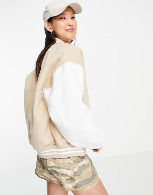 Topshop varsity bomber jacket in stone