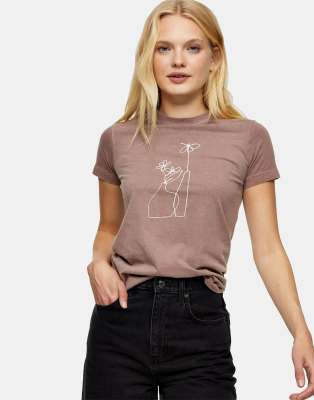 Topshop vase sketch shrunken t-shirt in dusty brown