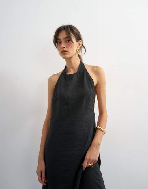 Topshop - Vasket sort maxikjole med halterneck og lav ryg i blød cupro, 2 af 4