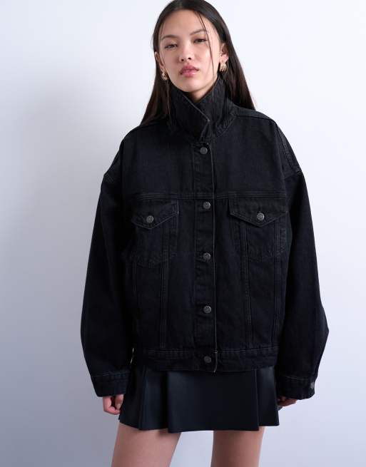 Topshop - Vasket sort oversized denimjakke med ballonærmer