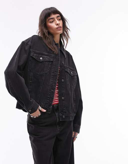 Topshop - Vasket sort oversized denimjakke