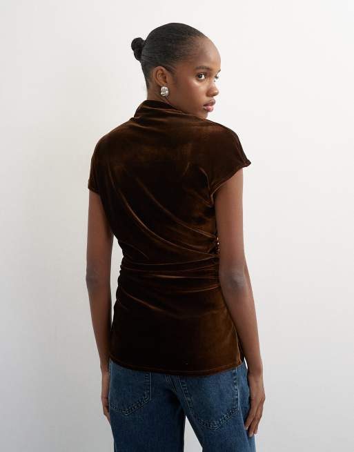 Topshop velour-top med kapærmer og draperet front i chokoladebrun, 4 af 4