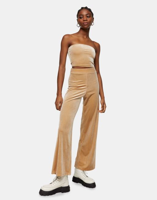 Topshop velour wide leg jogger in beige