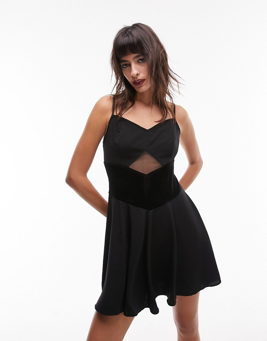 Topshop Velvet And Cut-out Mesh Mix Flippy Strappy Mini Dress In Black