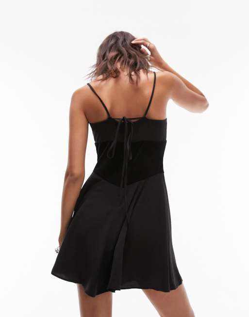 Topshop velvet and cut out mesh mix flippy strappy mini dress in black