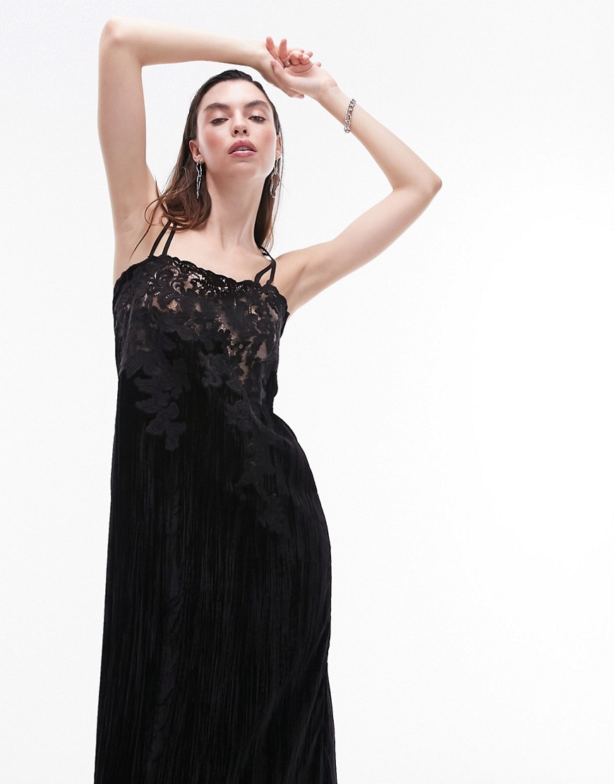 Topshop velvet and lace midi slip dress in black