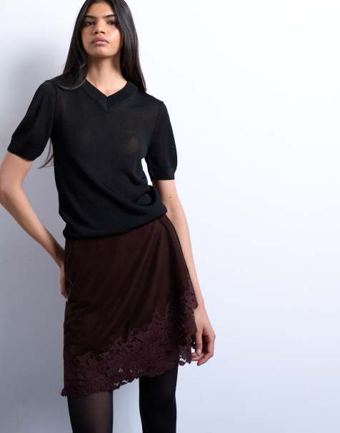 Topshop velvet asymmetric mini skirt with lace trim in chocolate