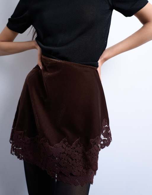 Topshop velvet asymmetric mini skirt with lace trim in chocolate