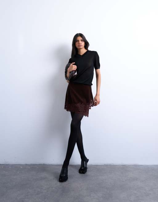 Topshop velvet asymmetric mini skirt with lace trim in chocolate