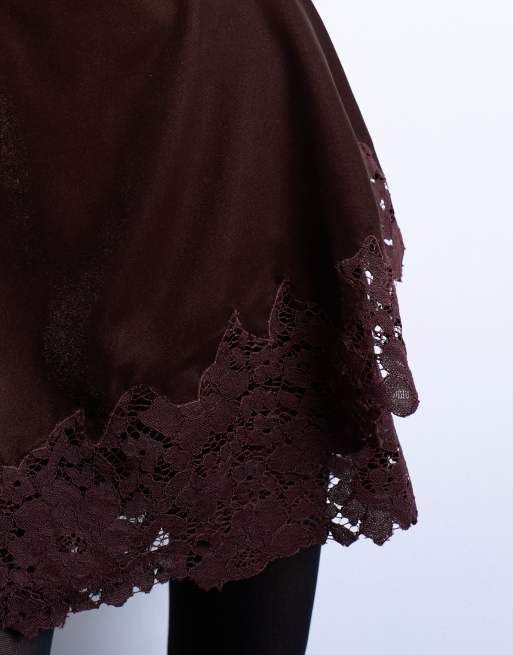 Topshop velvet asymmetric mini skirt with lace trim in chocolate