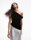[Topshop] Topshop velvet asymmetric shoulder top in black 8 black
