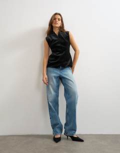 Model wearing Velvet bonded waistcoat in black