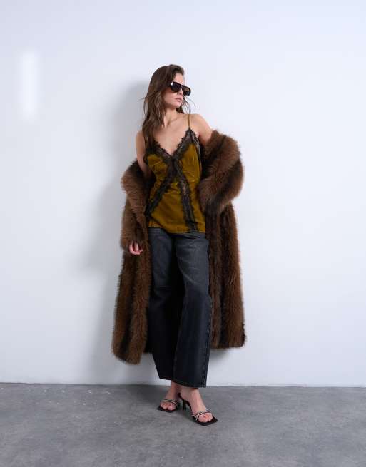 Topshop velvet cami with contrast lace in olive, 2 of 4