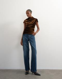 Model wearing Velvet cap sleeve drape front top in chocolate