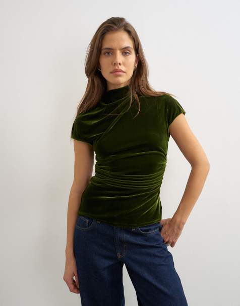 Topshop velvet cap sleeve drape front top in green - view 1