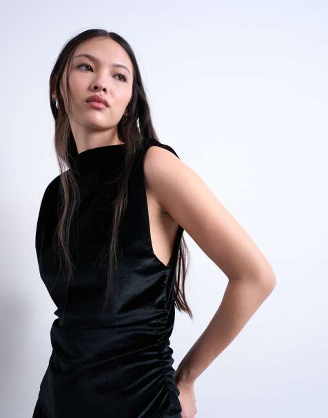 Topshop velvet drop armhole ruched side top in black - view 1