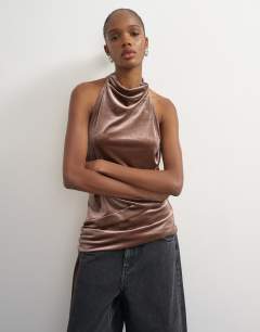 Model wearing Velvet high neck cowl draped detail in mocha