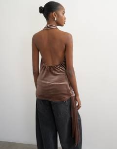 Model wearing Velvet high neck cowl draped detail in mocha