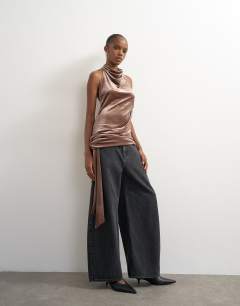 Model wearing Velvet high neck cowl draped detail in mocha