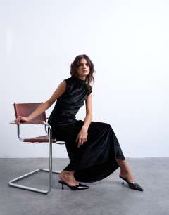Velvet high neck maxi dress in black