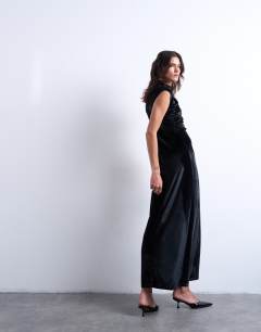Model wearing Velvet high neck maxi dress in black