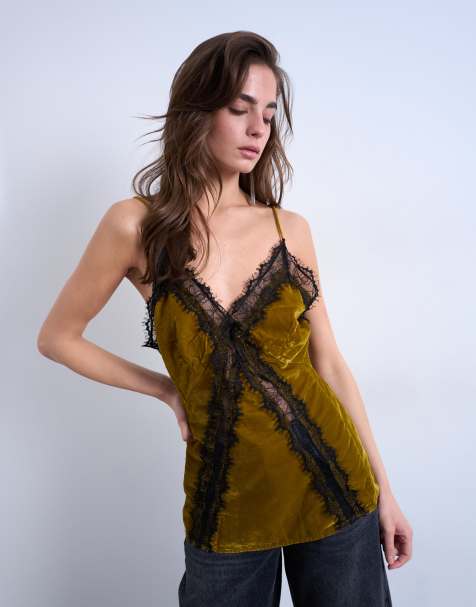 Topshop velvet lace cami with contrast lace in olive