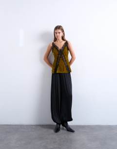 Model wearing Velvet lace cami with contrast lace in olive