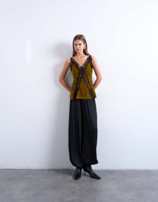 Topshop velvet lace cami with contrast lace in olive