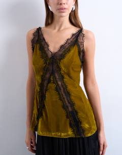 Model wearing Velvet lace cami with contrast lace in olive