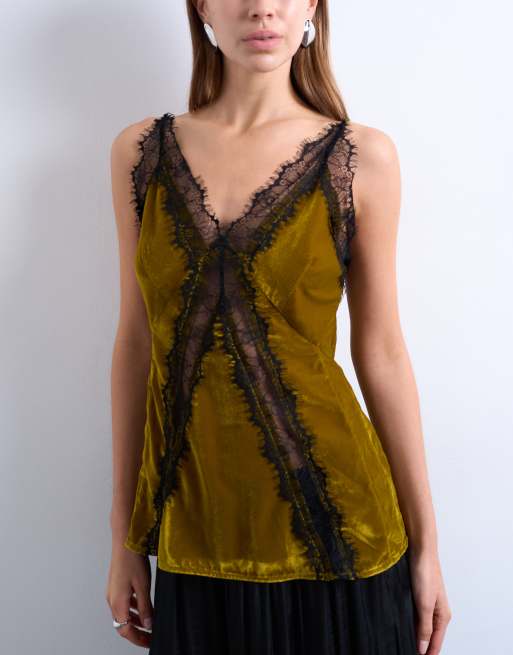 Topshop velvet lace cami with contrast lace in olive