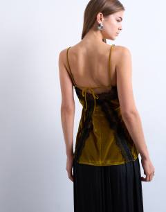 Model wearing Velvet lace cami with contrast lace in olive
