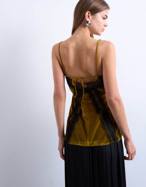 Topshop velvet lace cami with contrast lace in olive