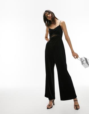 Topshop velvet lace jumpsuit in black