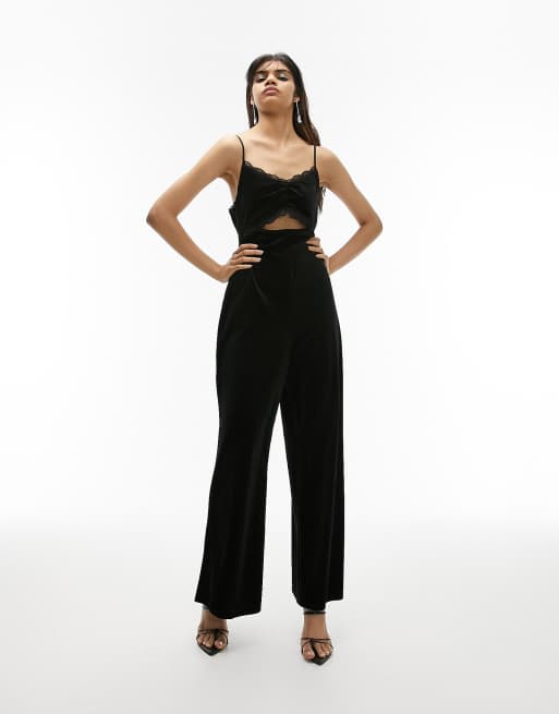 ASOS DESIGN leather look strappy wide leg jumpsuit in black