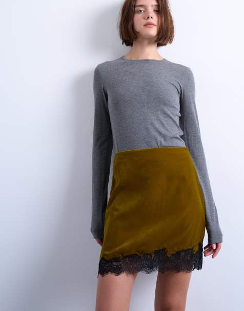 Topshop velvet lace mini skirt in olive - view 1