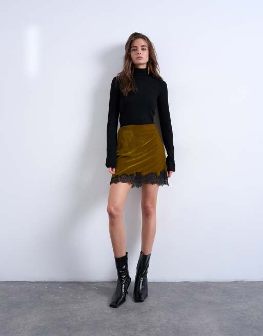 Topshop velvet lace mini skirt in olive, 2 of 5