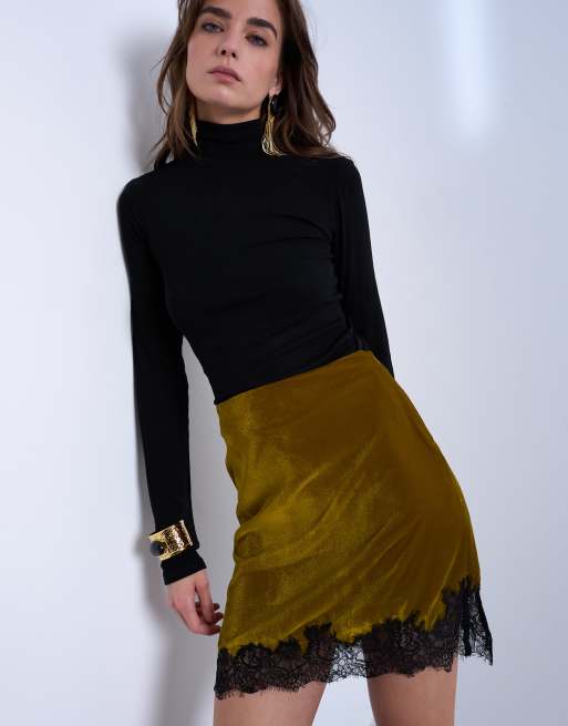 Topshop Clothing Topshop Gold Velvet Pleated Skirt Topshop Plisse