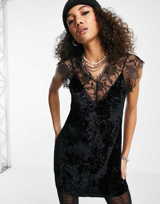 Topshop velvet lace slip mini in black