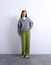 Topshop velvet mid rise tie waist wide leg jogger in bright green
