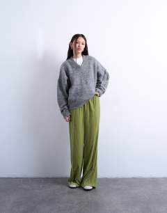 Velvet mid rise tie waist wide leg jogger in bright green
