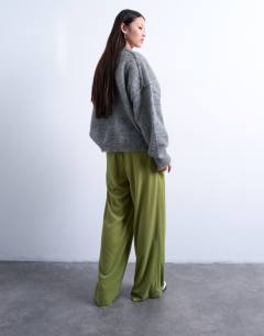Model wearing Velvet mid rise tie waist wide leg jogger in bright green